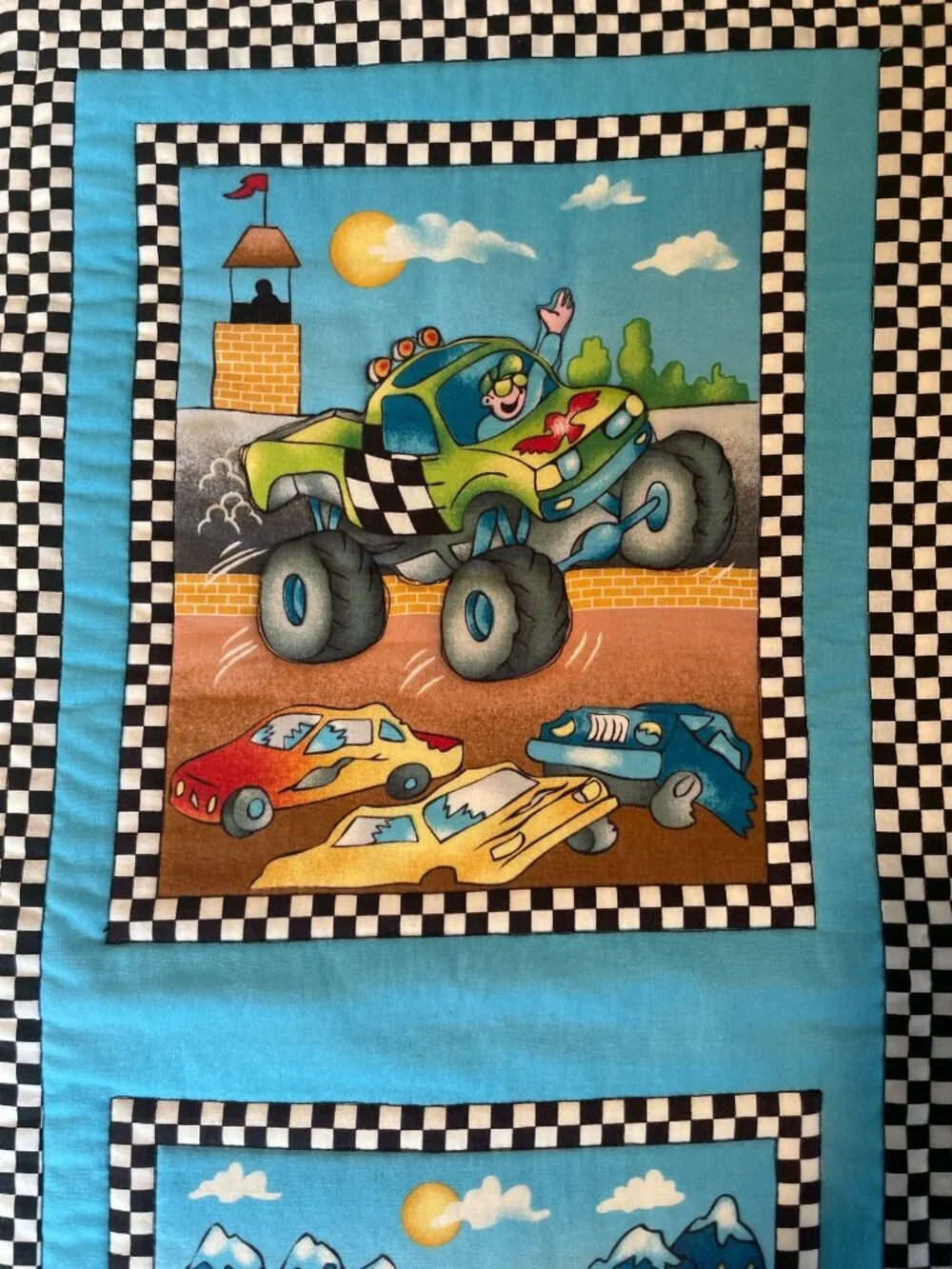 Monster Truck Kids Quilted Wall Hanging Checkered Border 14.5”x26.5”